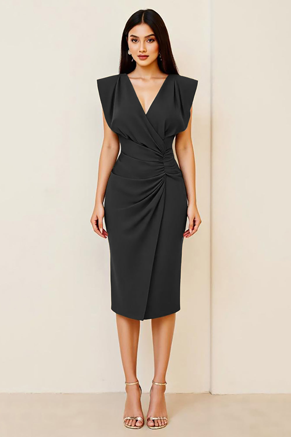 Śliwka marszczona sukienka bodycon midi z dekoltem w serek