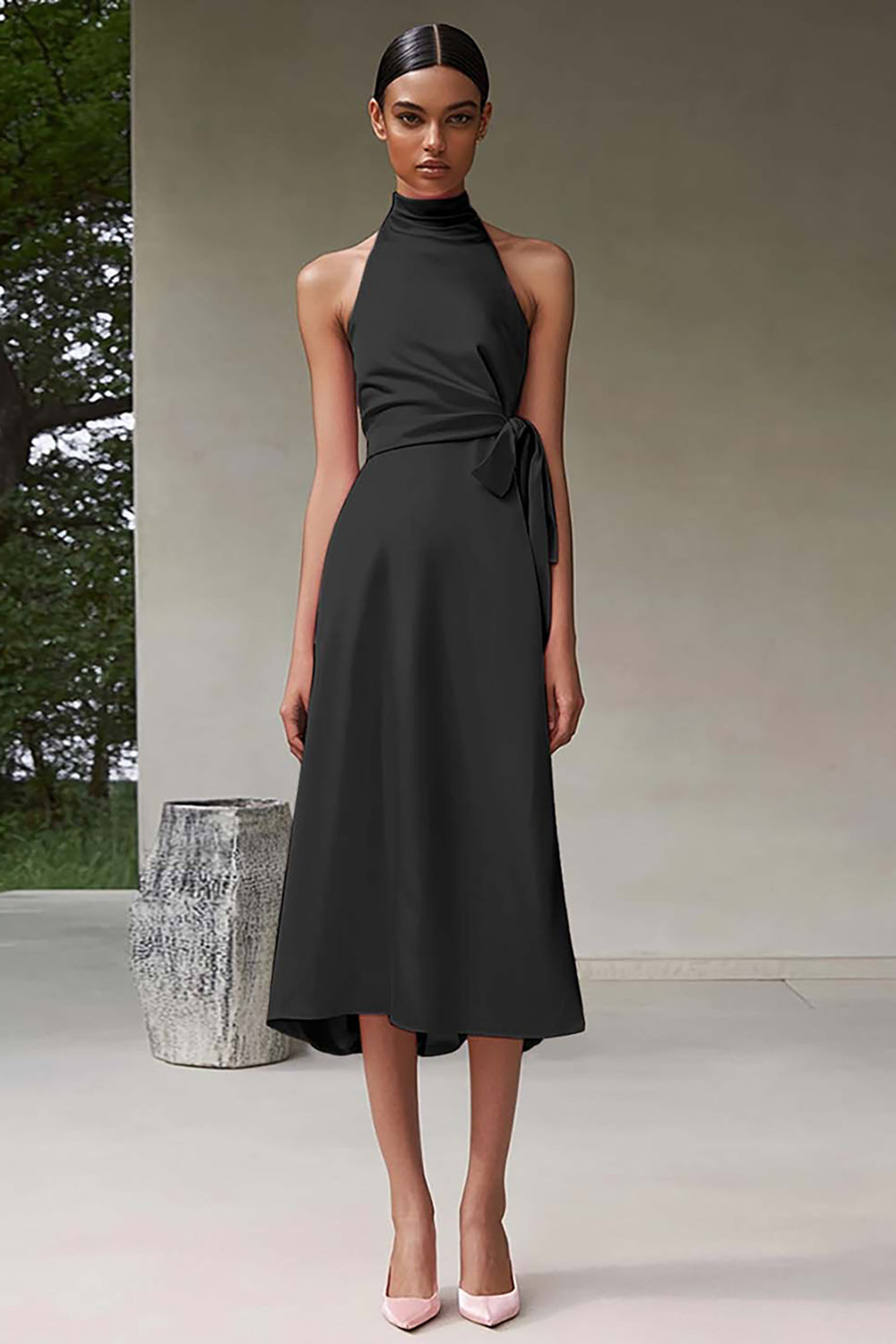 Różowa satynowa sukienka wizytowa o długości herbaty A line Halter