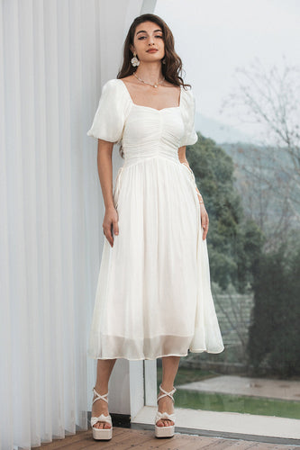 Biała Kwadratowy Dekolt Sukienki Na Wesele
