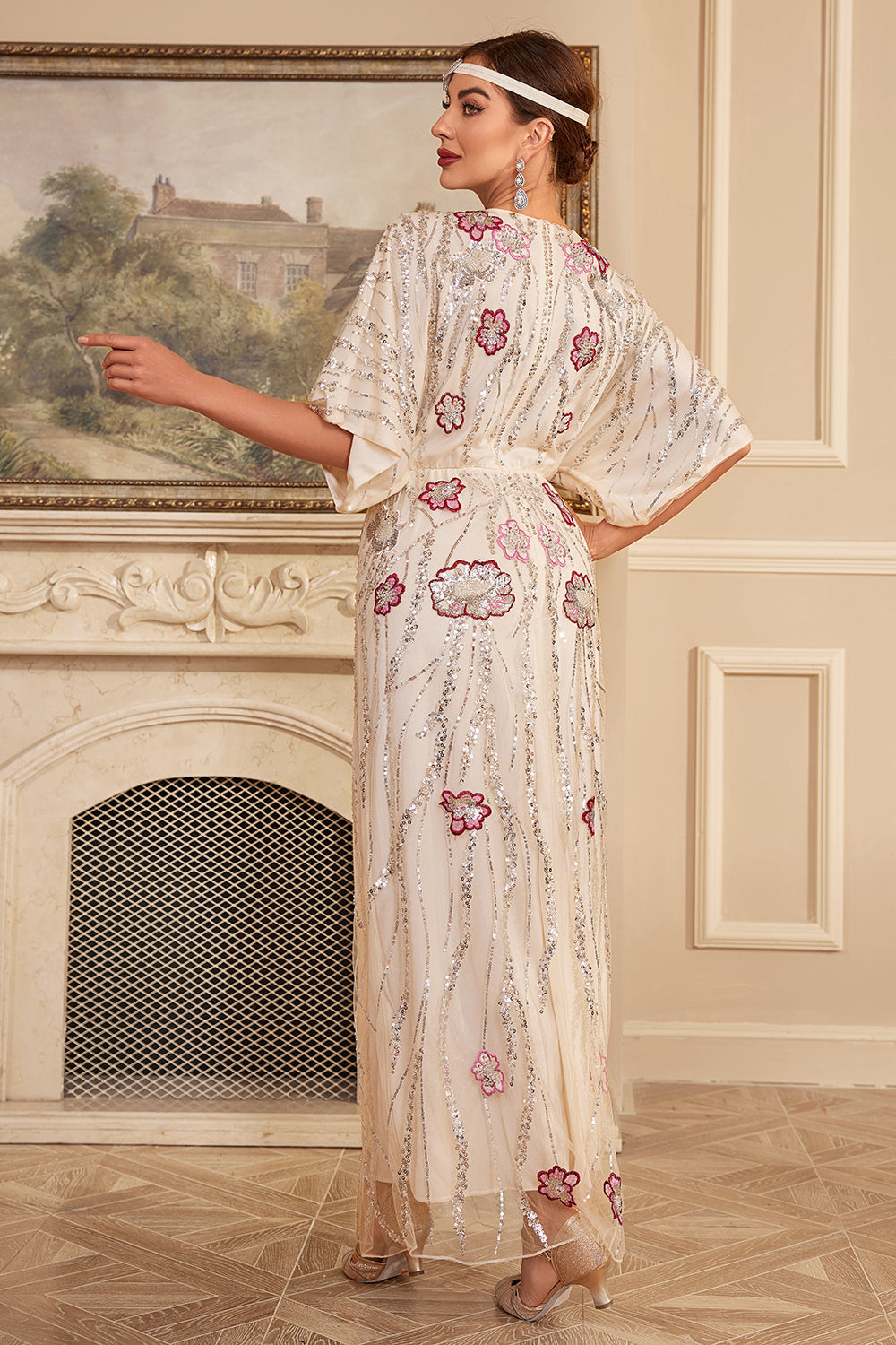 Błyszcząca Czarna Cekiny Długa Sukienka Lata 20 w Kwiaty