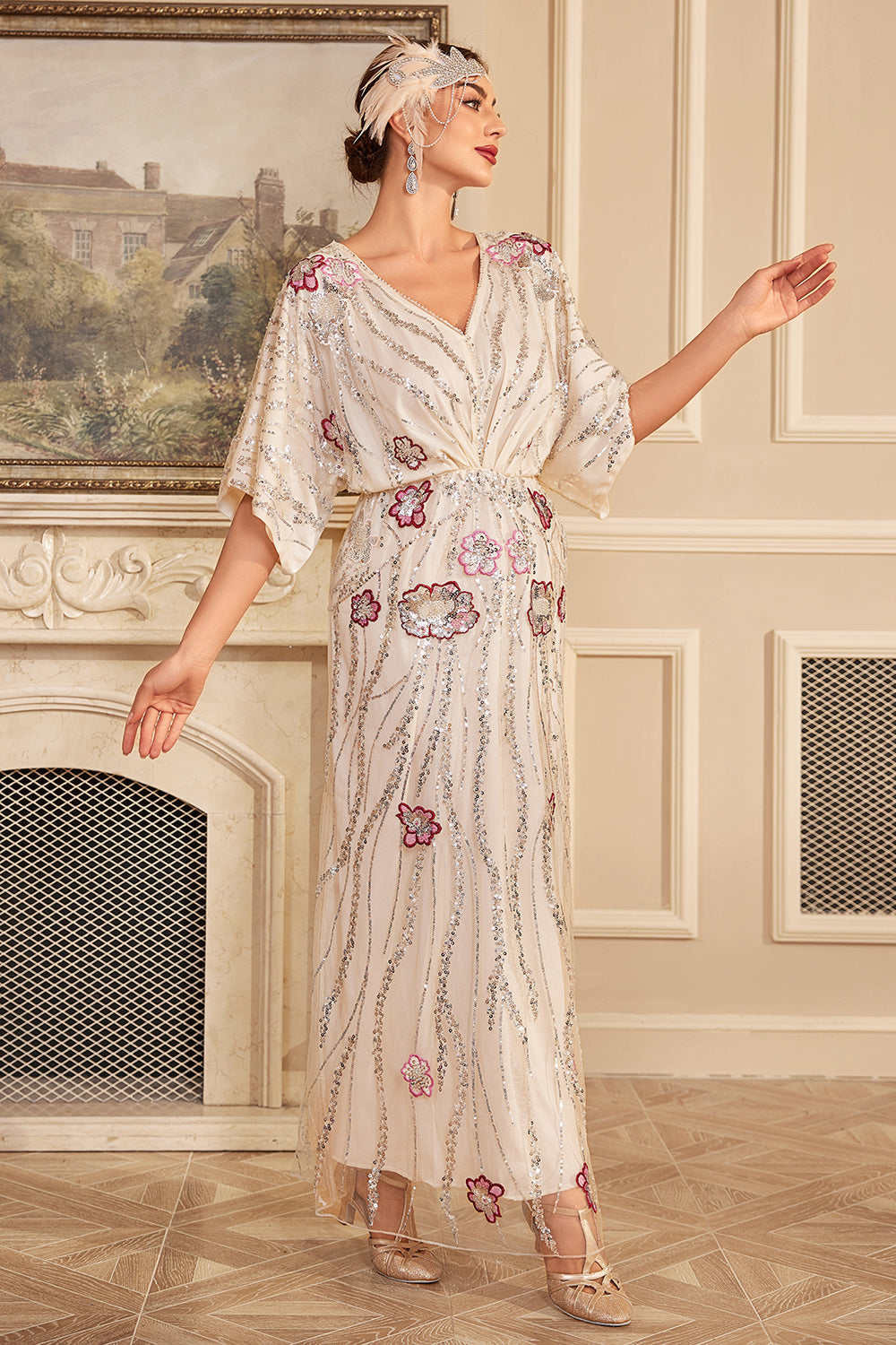 Błyszcząca Czarna Cekiny Długa Sukienka Lata 20 w Kwiaty