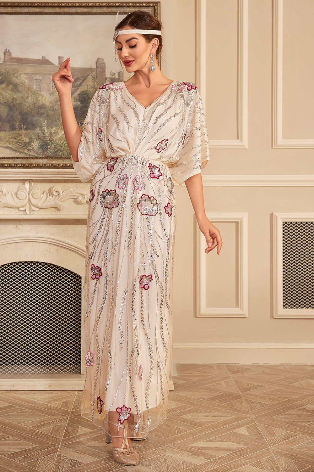 Błyszcząca Czarna Cekiny Długa Sukienka Lata 20 w Kwiaty