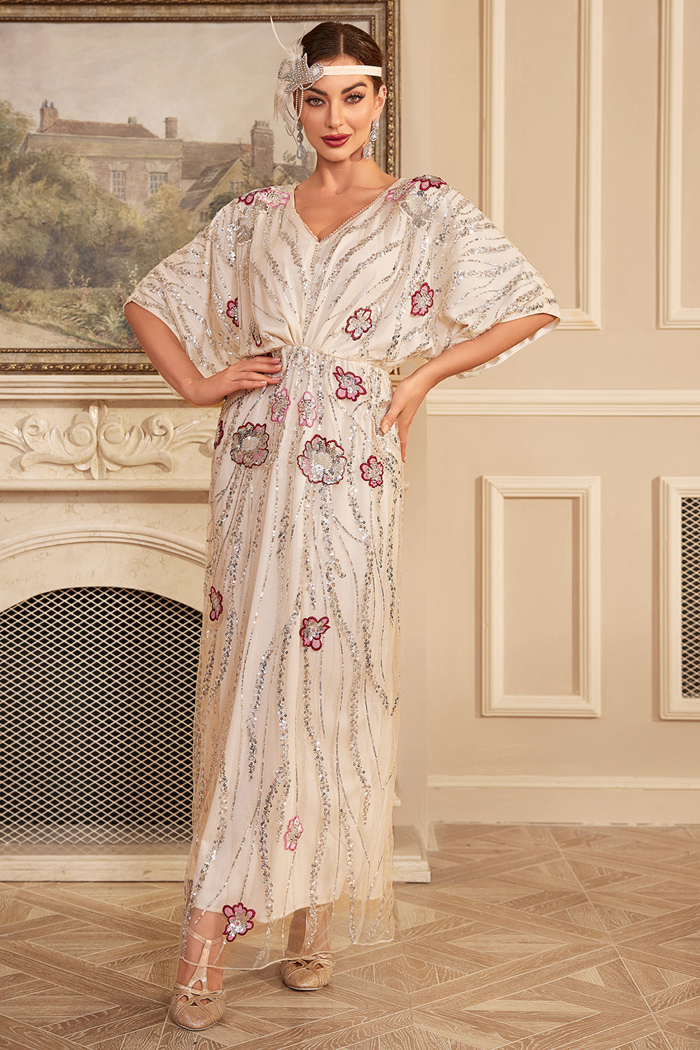 Błyszcząca Czarna Cekiny Długa Sukienka Lata 20 w Kwiaty