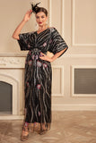 Błyszcząca Czarna Cekiny Długa Sukienka Lata 20 w Kwiaty
