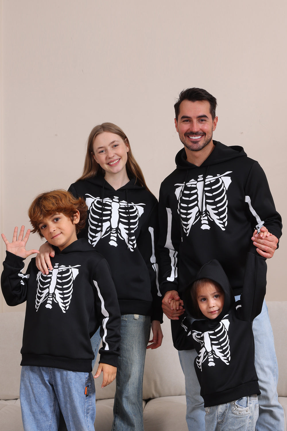 Czarne Bluzy Rodzinne Z Kapturem Na Halloween Skeleton