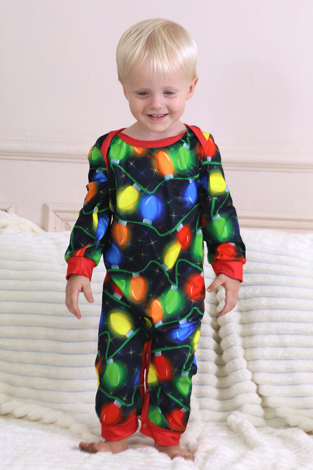 Granatowa Wydruk Żarówki Świąteczna Piżama z Długim Rękawem