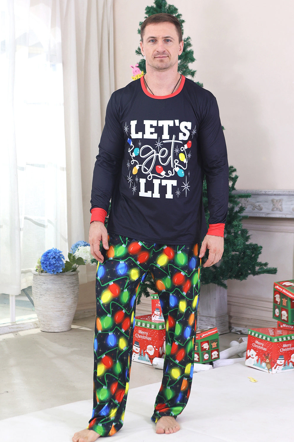 Granatowa Wydruk Żarówki Świąteczna Piżama z Długim Rękawem