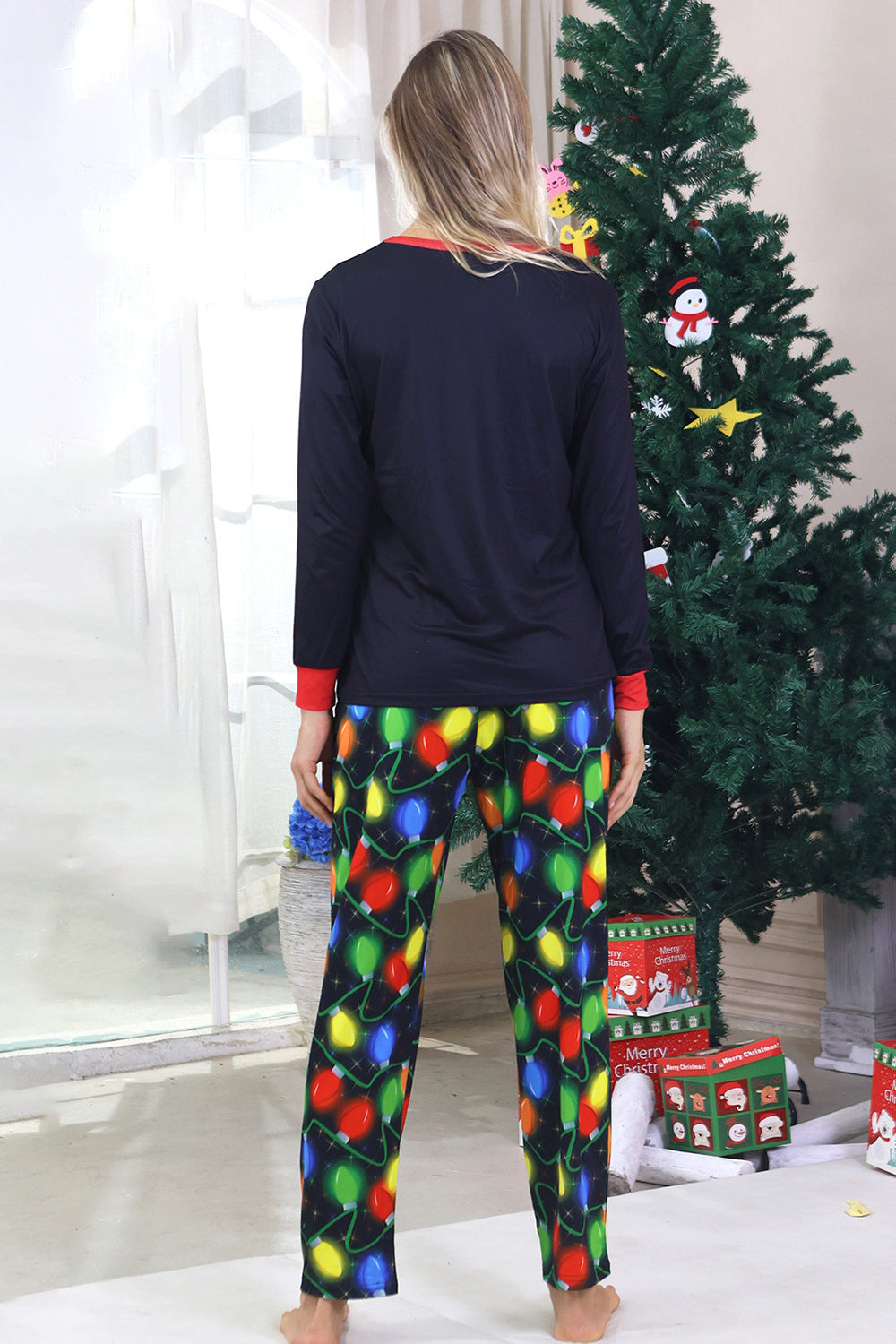 Granatowa Wydruk Żarówki Świąteczna Piżama z Długim Rękawem