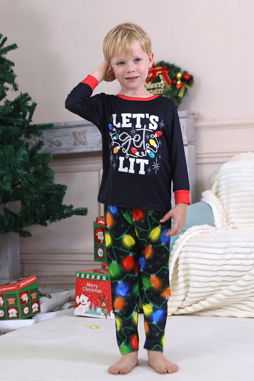 Granatowa Wydruk Żarówki Świąteczna Piżama z Długim Rękawem