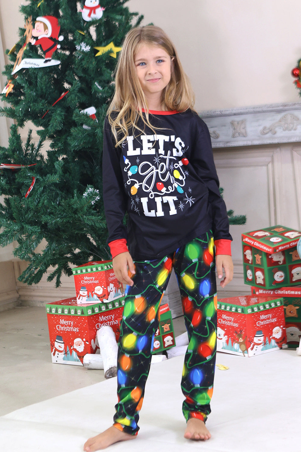 Granatowa Wydruk Żarówki Świąteczna Piżama z Długim Rękawem