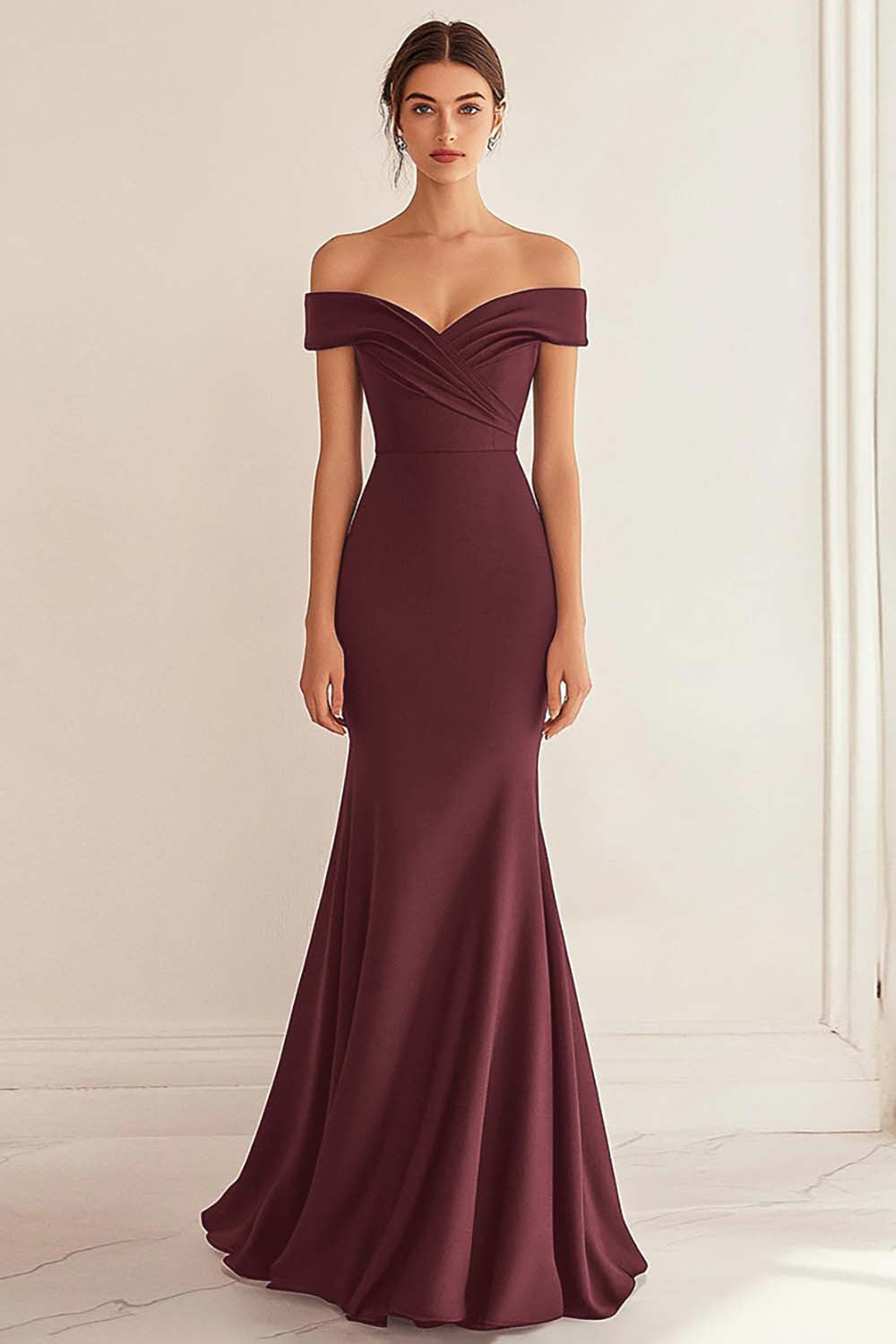 Granatowa sukienka wizytowa z odkrytymi ramionami syrenka z marszczeniami