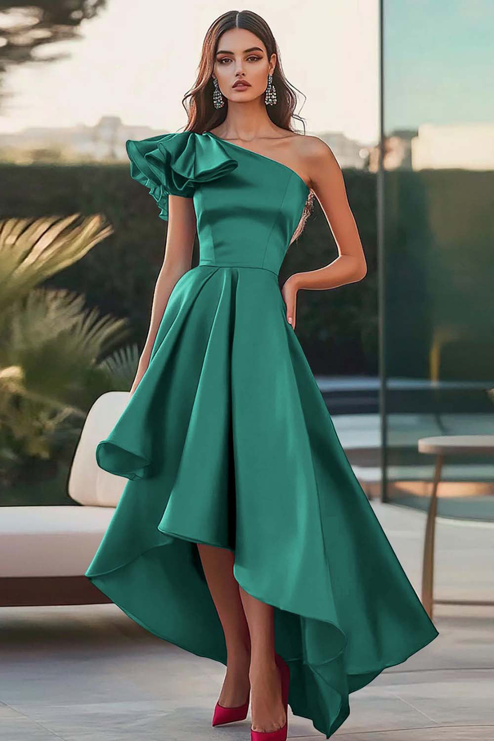 Fuksja na jedno ramię wysoka satynowa sukienka wizytowa A line