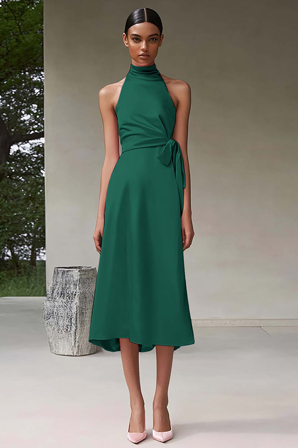 Różowa satynowa sukienka wizytowa o długości herbaty A line Halter