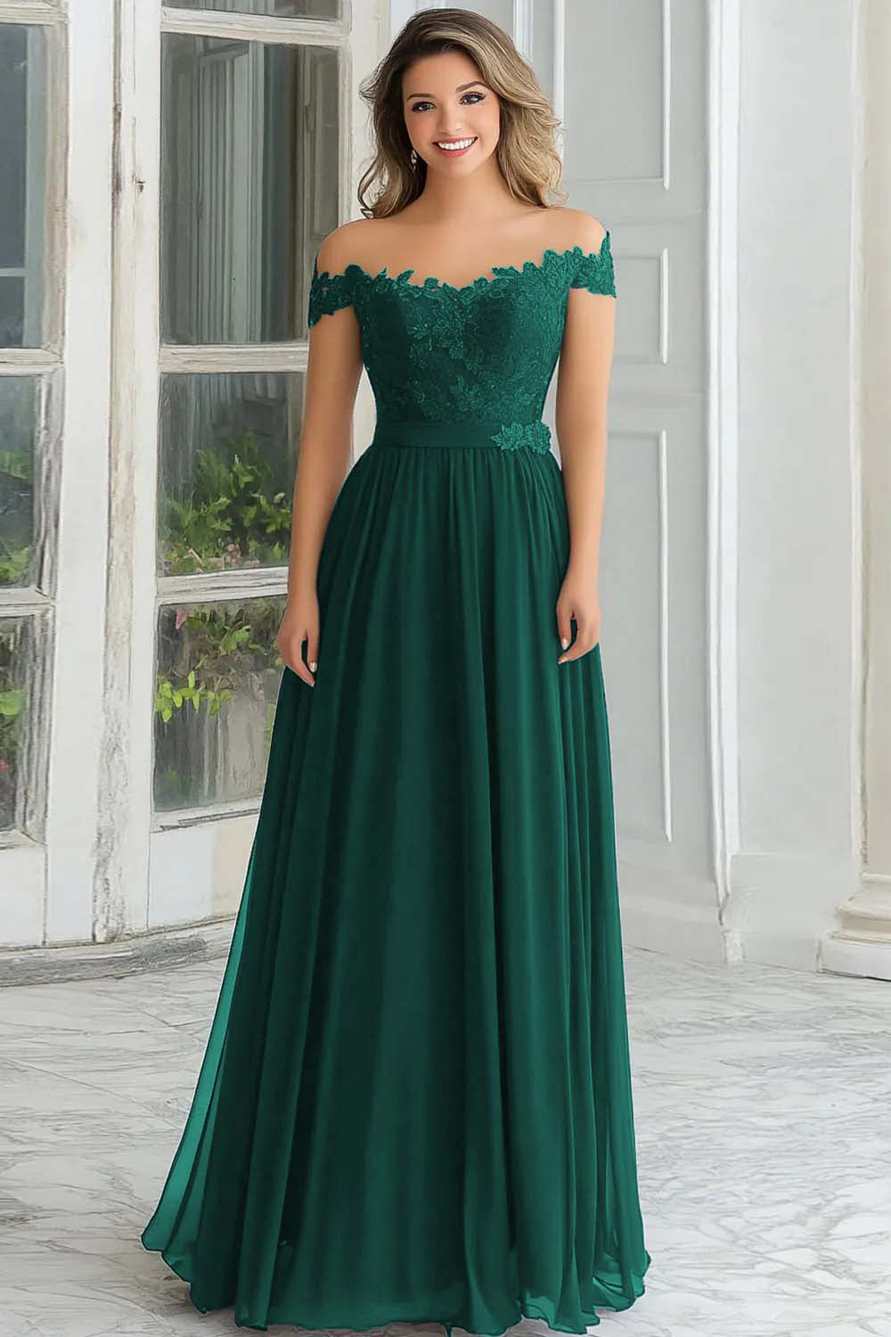 Elegancka Zakurzony Błękit Szyfonowa Długa Sukienka Z Odkrytymi Ramionami Dla Matki Panny Młodej Z Koronkowymi Aplikacjami