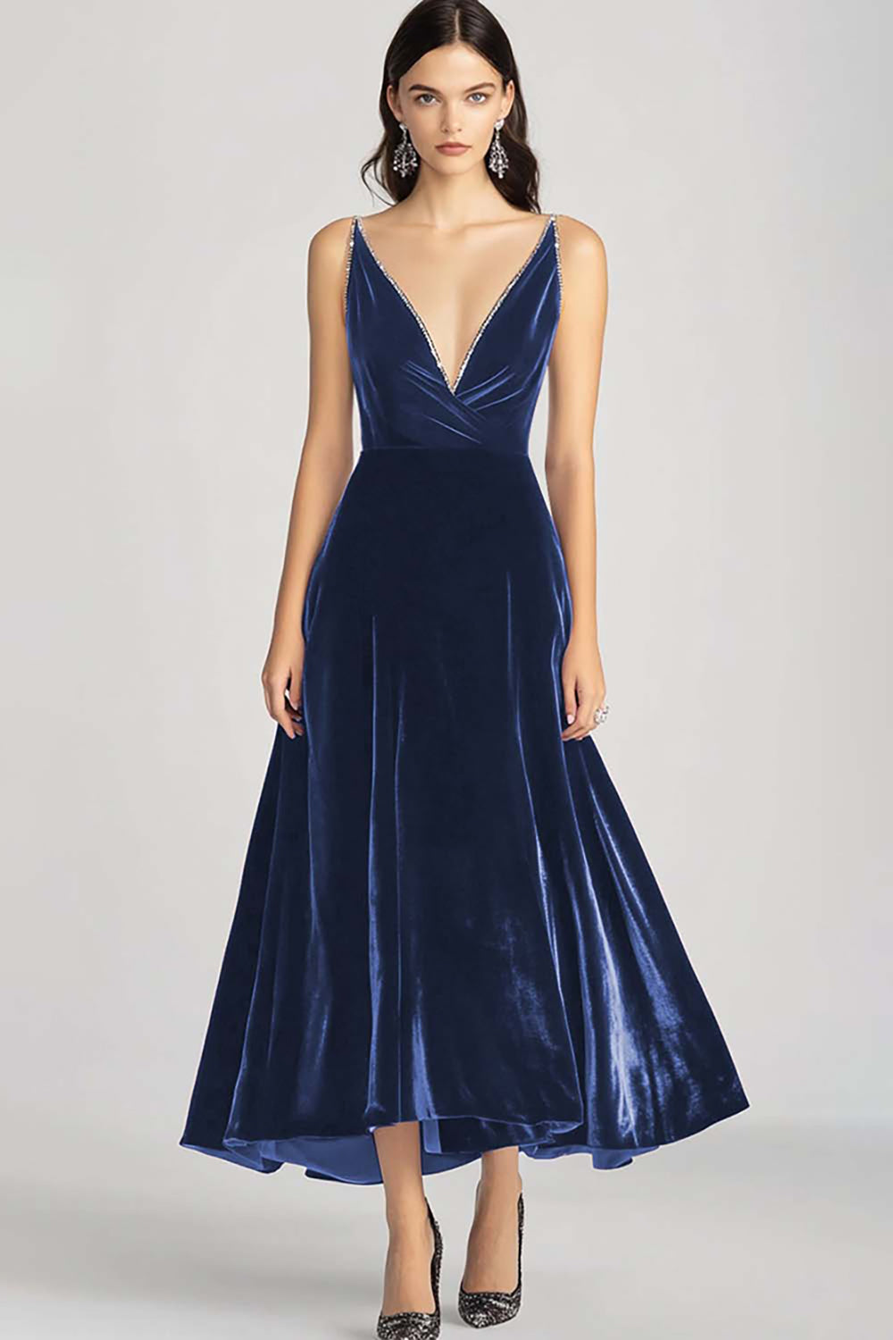 Bordowa spaghetti na ramiączkach z dekoltem w szpic aksamitna sukienka wizytowa