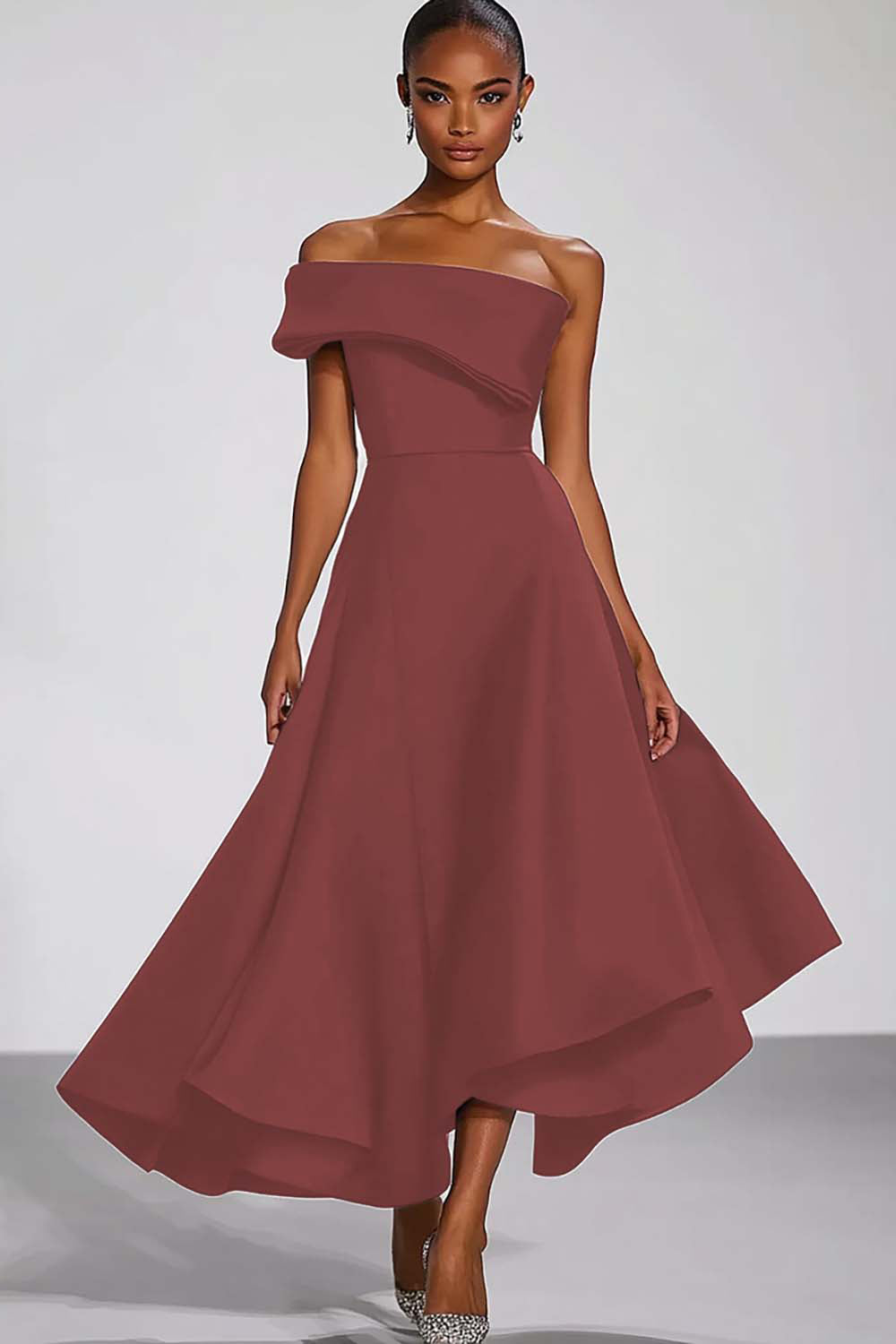 Granatowa satynowa sukienka wizytowa na jedno ramię