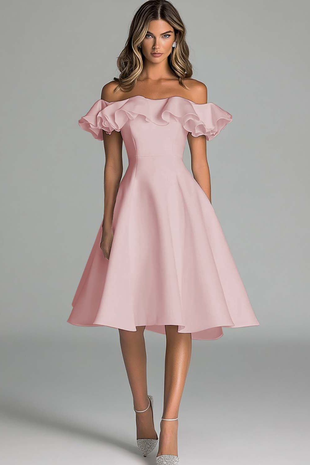 Zakurzony Błękit Odkrytymi Ramionami Satynowa Krótkie Sukienka na Półmetek z Falbankami