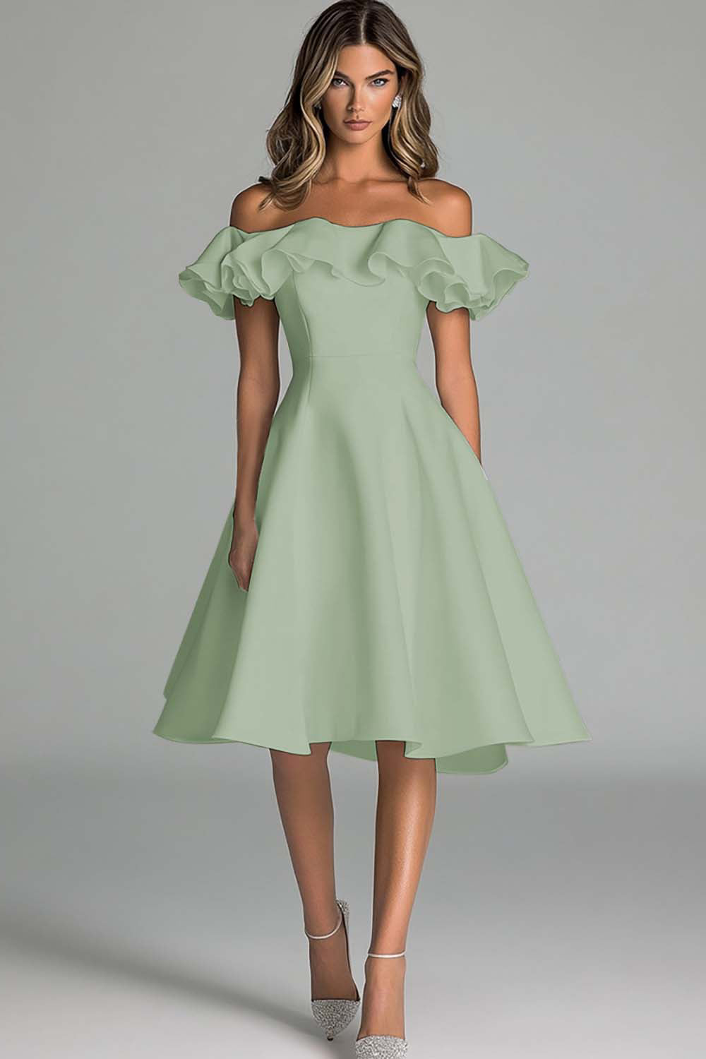 Zakurzony Błękit Odkrytymi Ramionami Satynowa Krótkie Sukienka na Półmetek z Falbankami