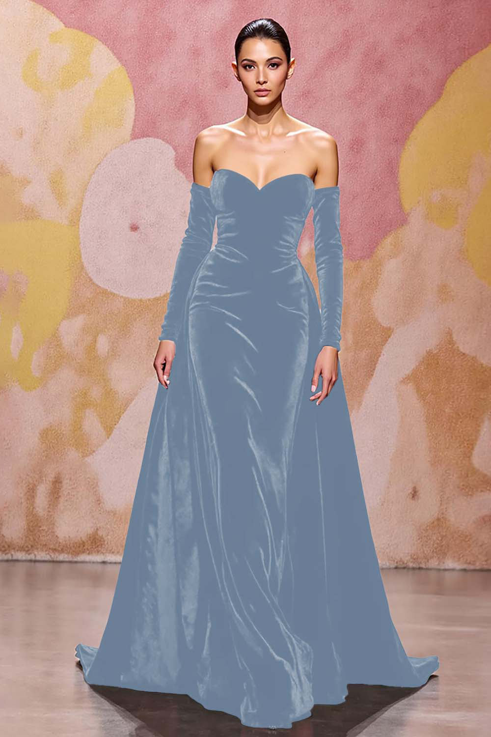 Ciemnoczerwony Aksamitna Dekolt W Kształcie Serca Długa Sukienki Na Wesele z Rękawy