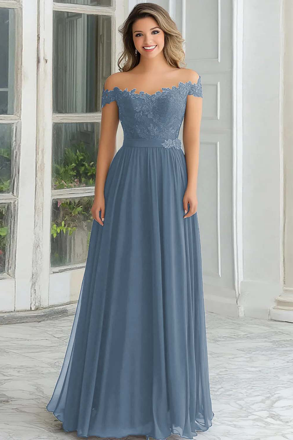 Elegancka Zakurzony Błękit Szyfonowa Długa Sukienka Z Odkrytymi Ramionami Dla Matki Panny Młodej Z Koronkowymi Aplikacjami