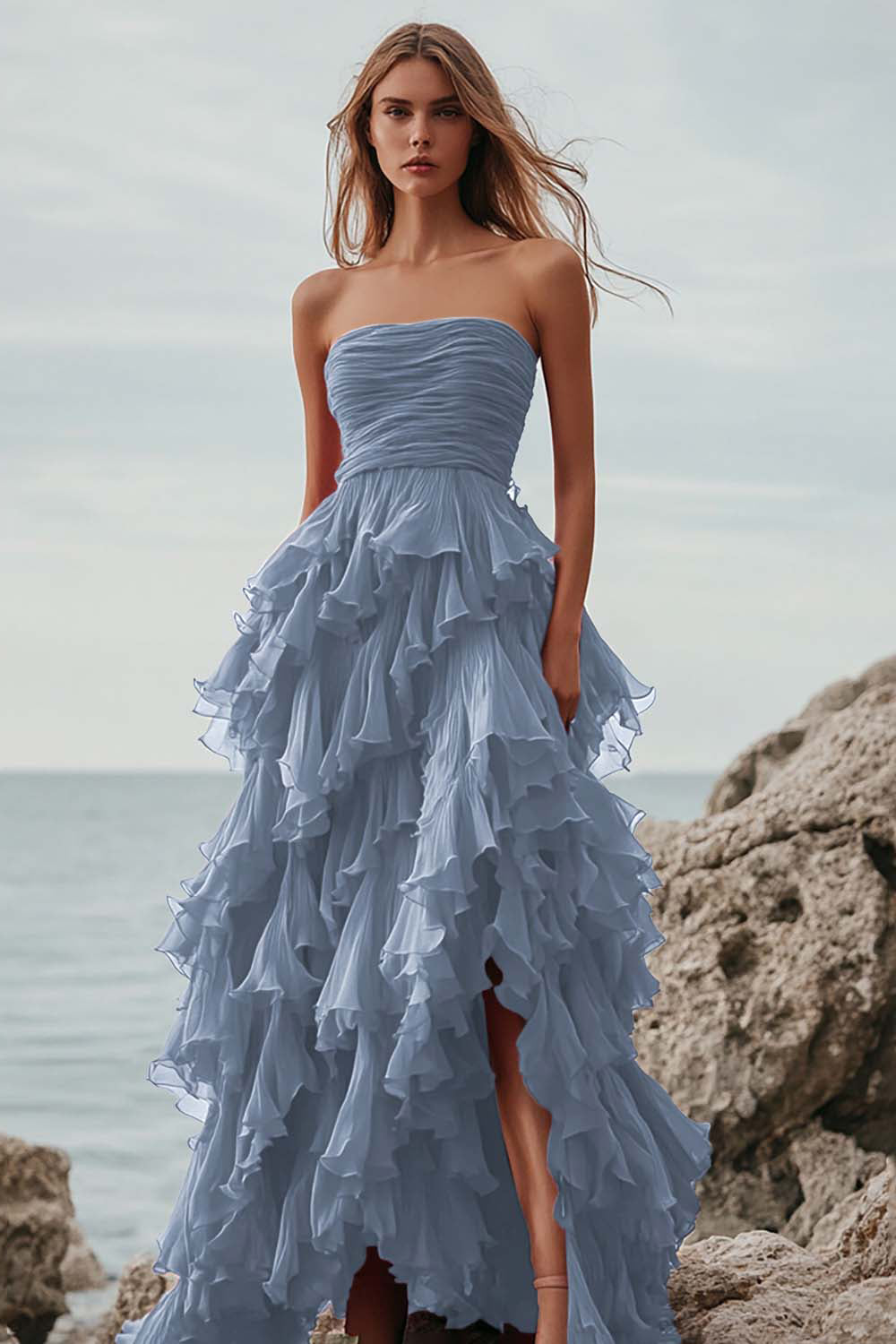 Fuksja Ruffle Linia Długa Sukienka Wizytowa Bez Ramiączek Z Rozcięciem