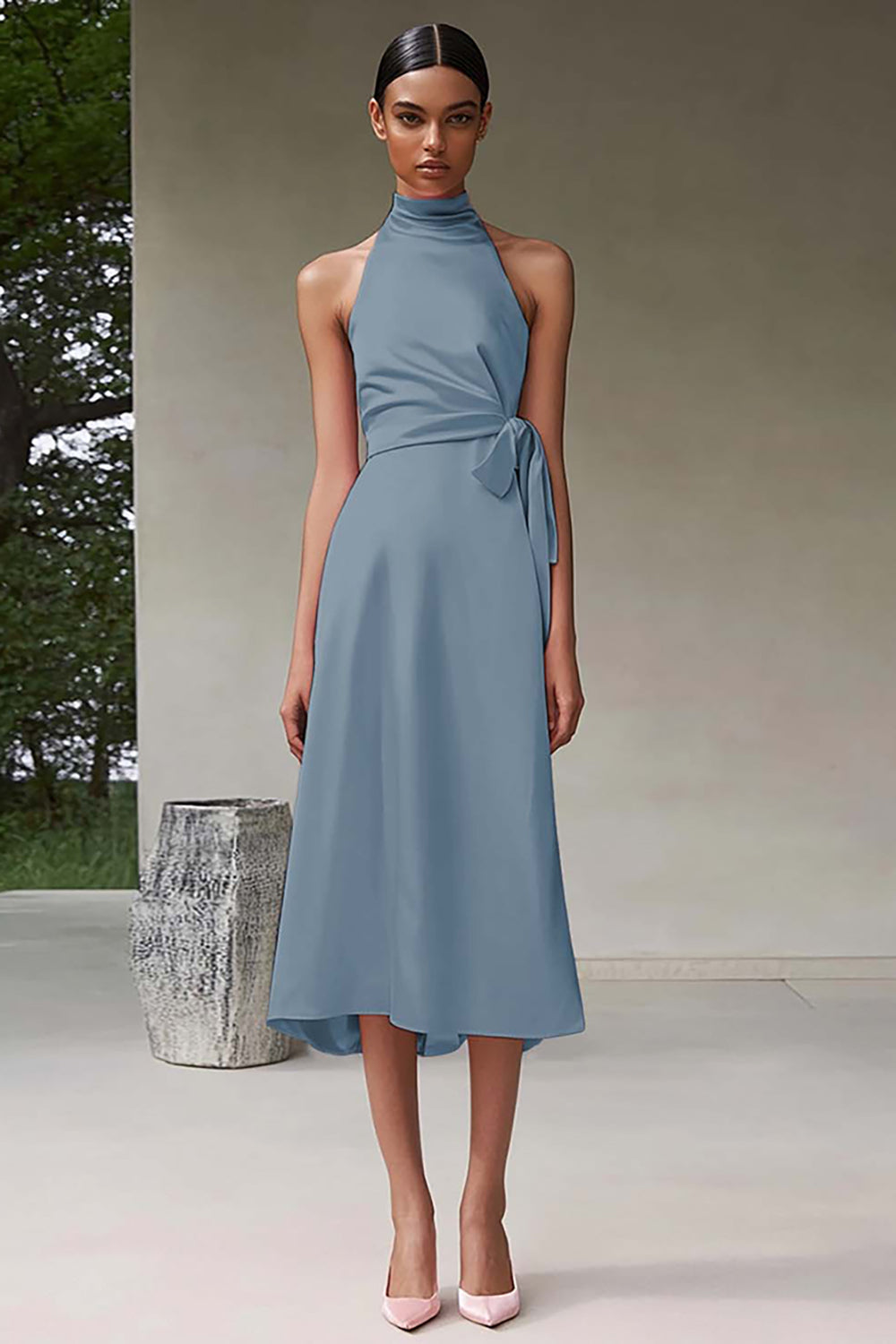 Różowa satynowa sukienka wizytowa o długości herbaty A line Halter