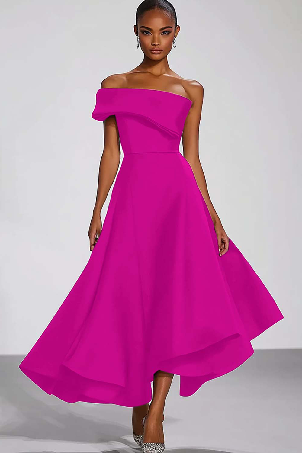 Granatowa satynowa sukienka wizytowa na jedno ramię