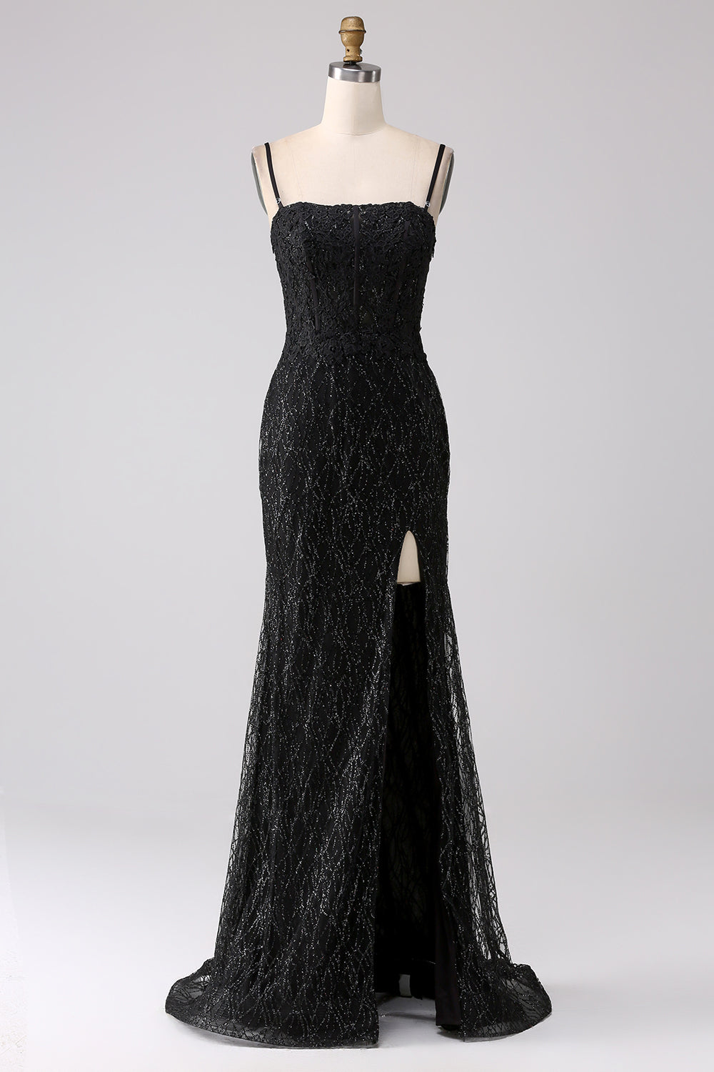 Błyszcząca Czarna Syrenka Gorsetowa Sukienka Na Studniówkę Z Rozcięciem