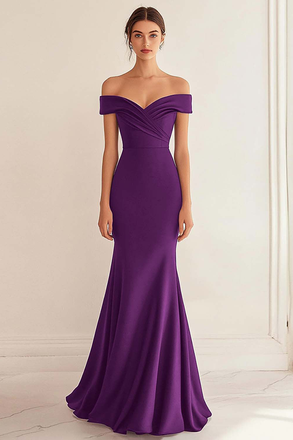 Granatowa sukienka wizytowa z odkrytymi ramionami syrenka z marszczeniami