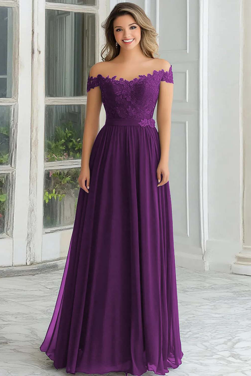 Elegancka Zakurzony Błękit Szyfonowa Długa Sukienka Z Odkrytymi Ramionami Dla Matki Panny Młodej Z Koronkowymi Aplikacjami