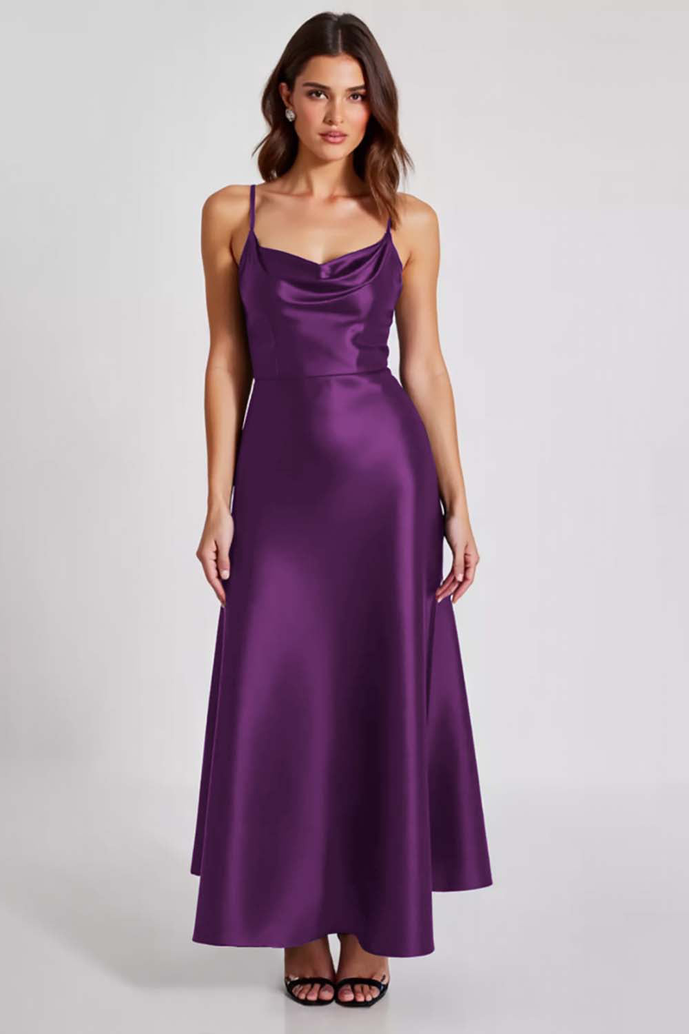 Satynowa granatowa sukienka wizytowa na ramiączkach Spaghetti