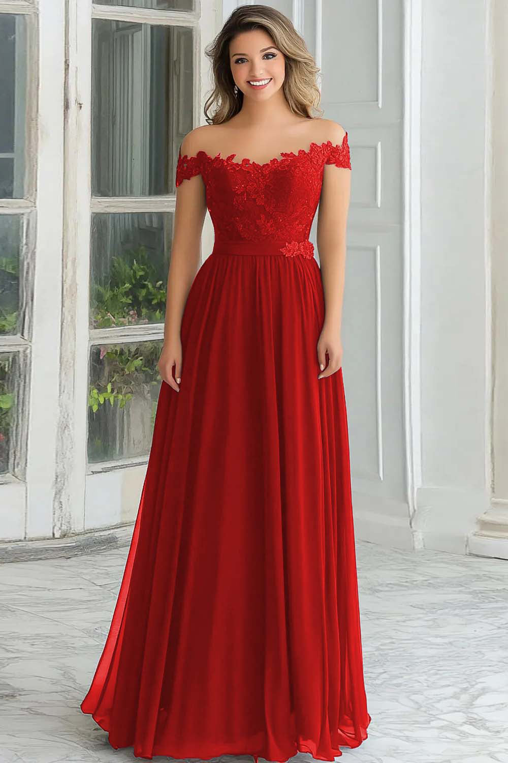 Elegancka Zakurzony Błękit Szyfonowa Długa Sukienka Z Odkrytymi Ramionami Dla Matki Panny Młodej Z Koronkowymi Aplikacjami