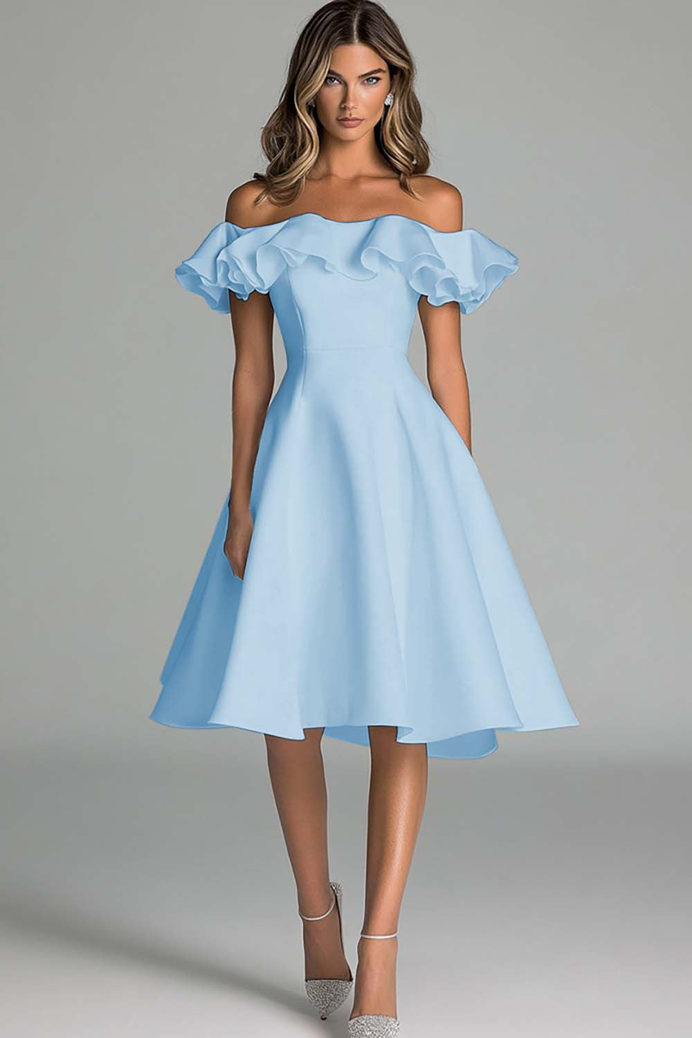 Zakurzony Błękit Odkrytymi Ramionami Satynowa Krótkie Sukienka na Półmetek z Falbankami