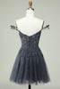 Załaduj obraz do przeglądarki galerii, Granatowa Krótka Sukienka Koktajlowa Bez Pleców z Aplikacjami
