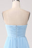 Załaduj obraz do przeglądarki galerii, Niebieski Bez Ramiączek Sukienka Dla Swiadkowej z Plisowaniem