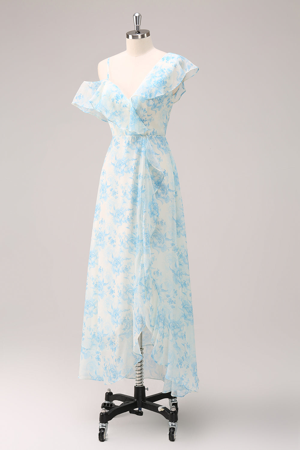 Stylowa Biała Niebieska Szyfonowa Sukienka Druhny W Kształcie Litery A Z Rozcięciem