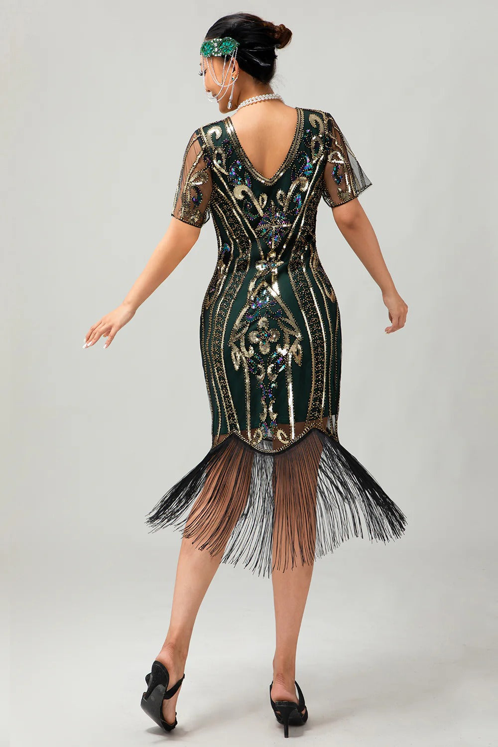Flapper bordowa cekinowa sukienka bodycon z frędzlami z 1920 roku