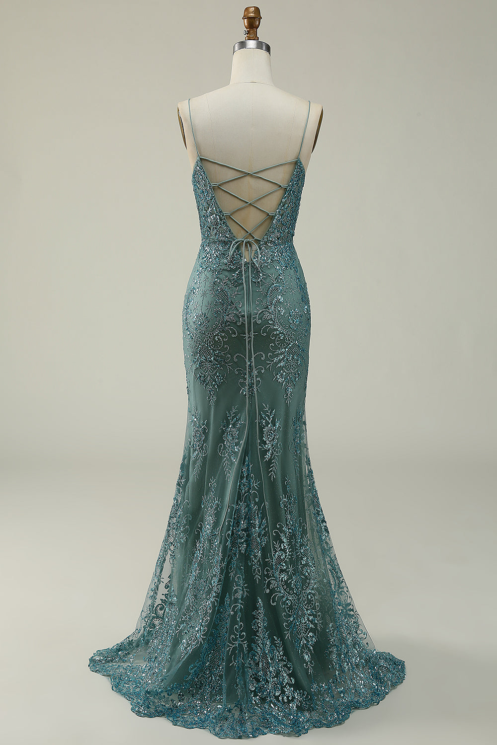 Syrena Spaghetti Ramiączka Zielona długa sukienka na studniówkę z Criss Cross Back