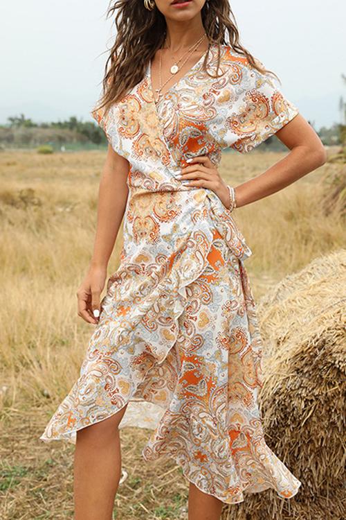 Pomarańczowa Asymetryczne Sukienki w Kwiaty Boho