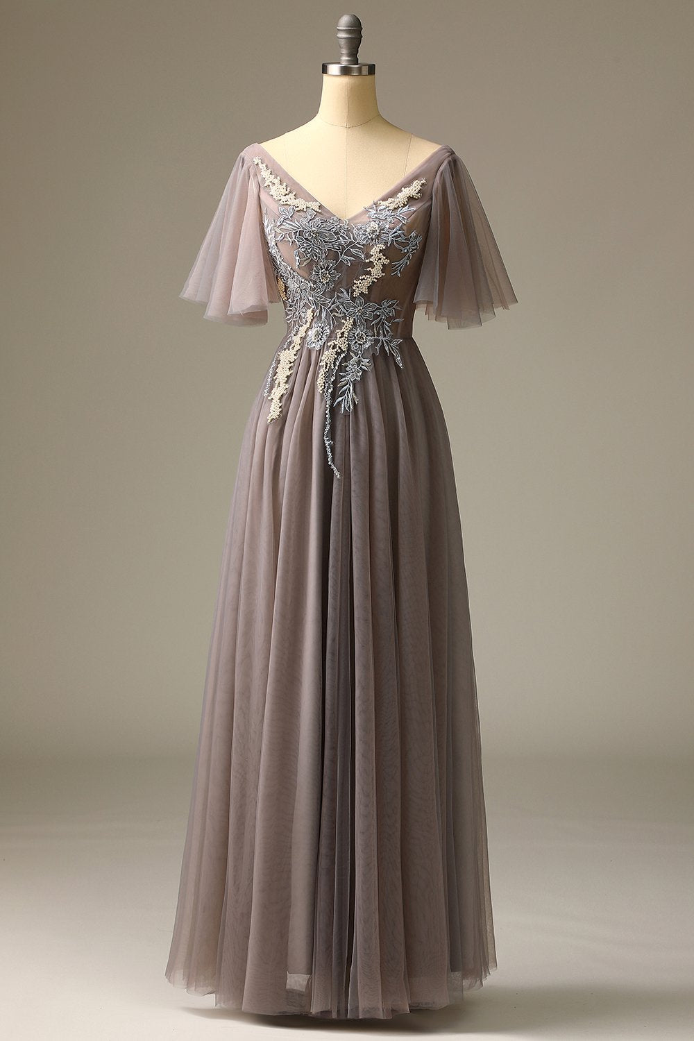 Szara Tiulowe Długa Sukienki Na Wesele z Aplikacjami