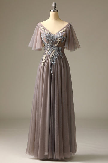 Szara Tiulowe Długa Sukienki Na Wesele z Aplikacjami