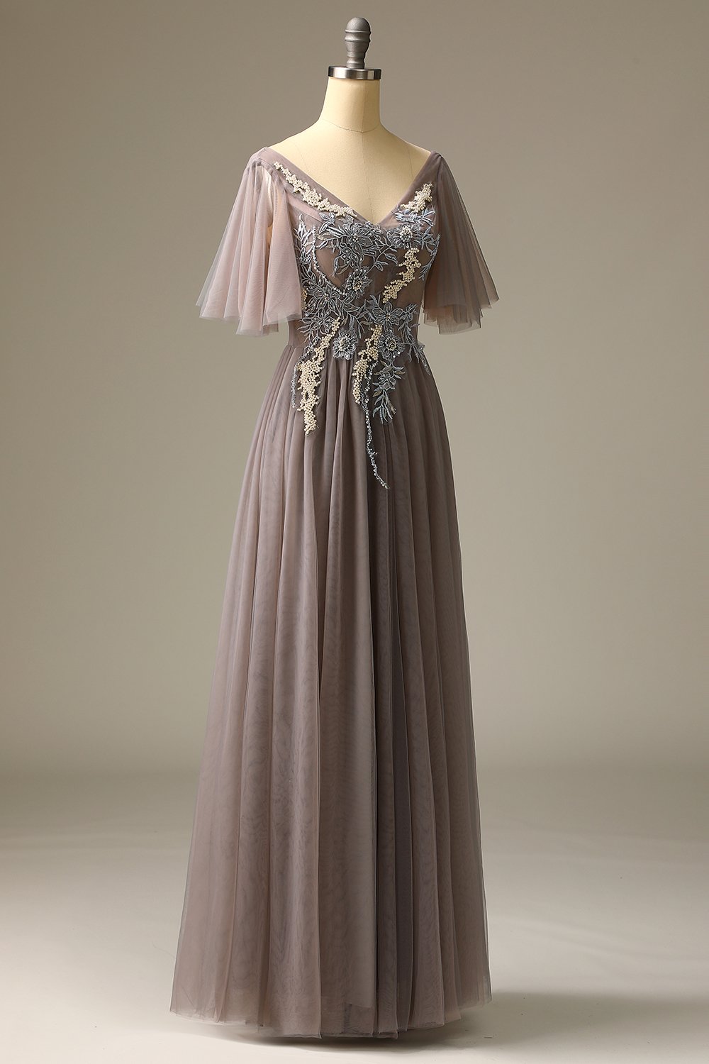 Szara Tiulowe Długa Sukienki Na Wesele z Aplikacjami