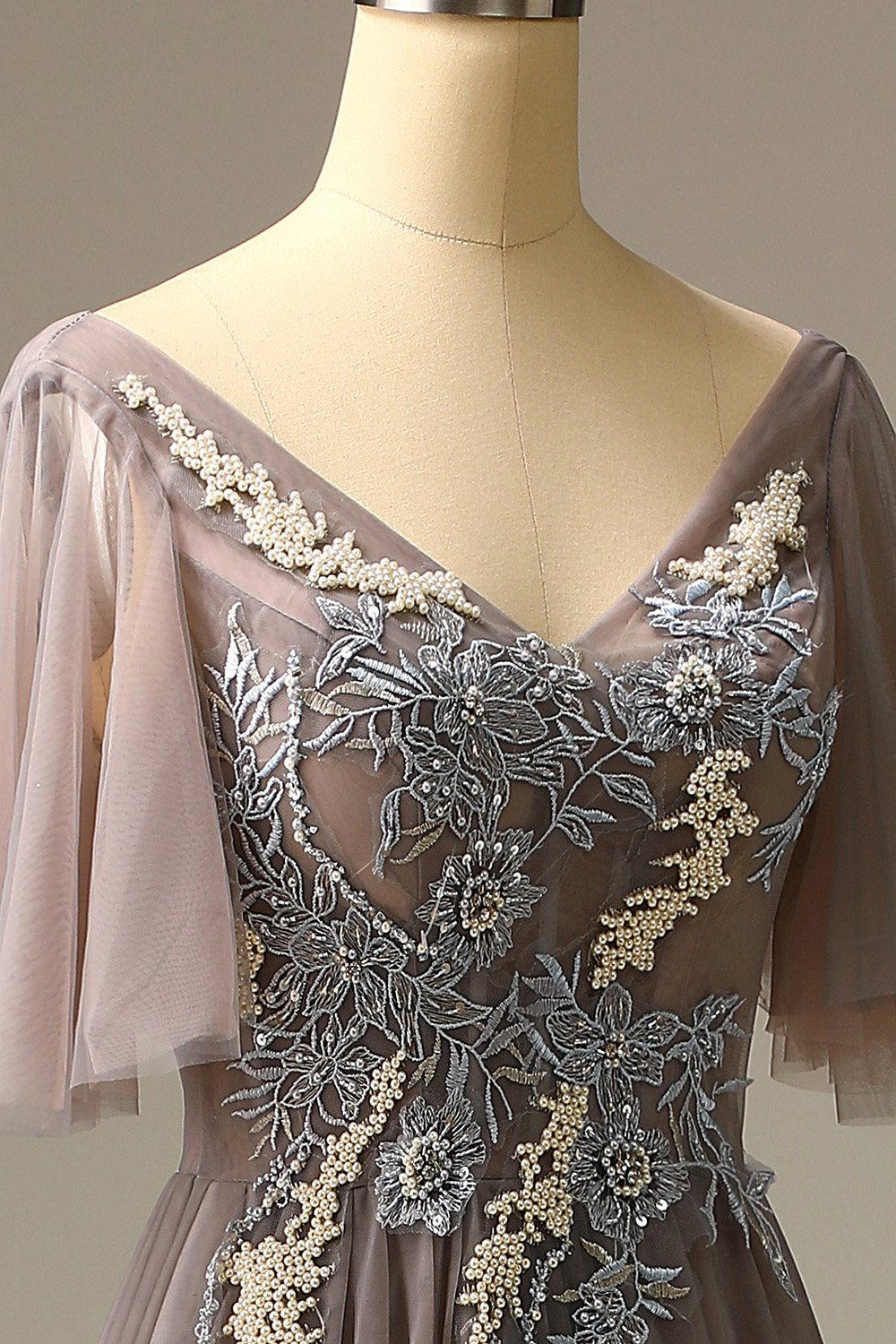 Szara Tiulowe Długa Sukienki Na Wesele z Aplikacjami