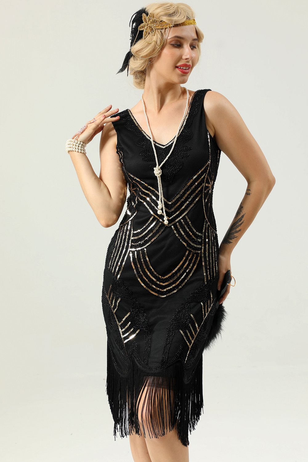 Czarna Cekiny Sukienka Lata 20 Wielki Gatsby z Frędzlami