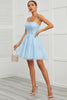 Załaduj obraz do przeglądarki galerii, Niebieska tiulowa krótka sukienka na studniówkę z aplikacjami