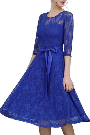 Królewska Niebieska Sukienki Koronkowe Z Rekawem
