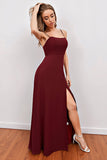 Burgundy Spaghetti Paski Długa Druhna Sukienka z Splitem