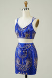 Royal Blue Dwuczęściowy Glitter Tight Homecoming Dress