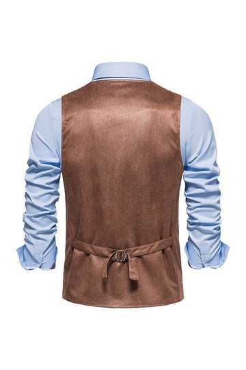 Brązowa Zamszowa Jednorzędowa Męska Kamizelka Na Co Dzień Z Dekoltem W Szpic