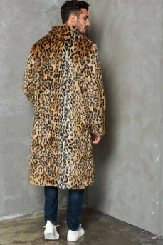 Khaki Leopard Drukowany Klapa Szyja Długi Płaszcz Męski Ze Sztucznego Futra